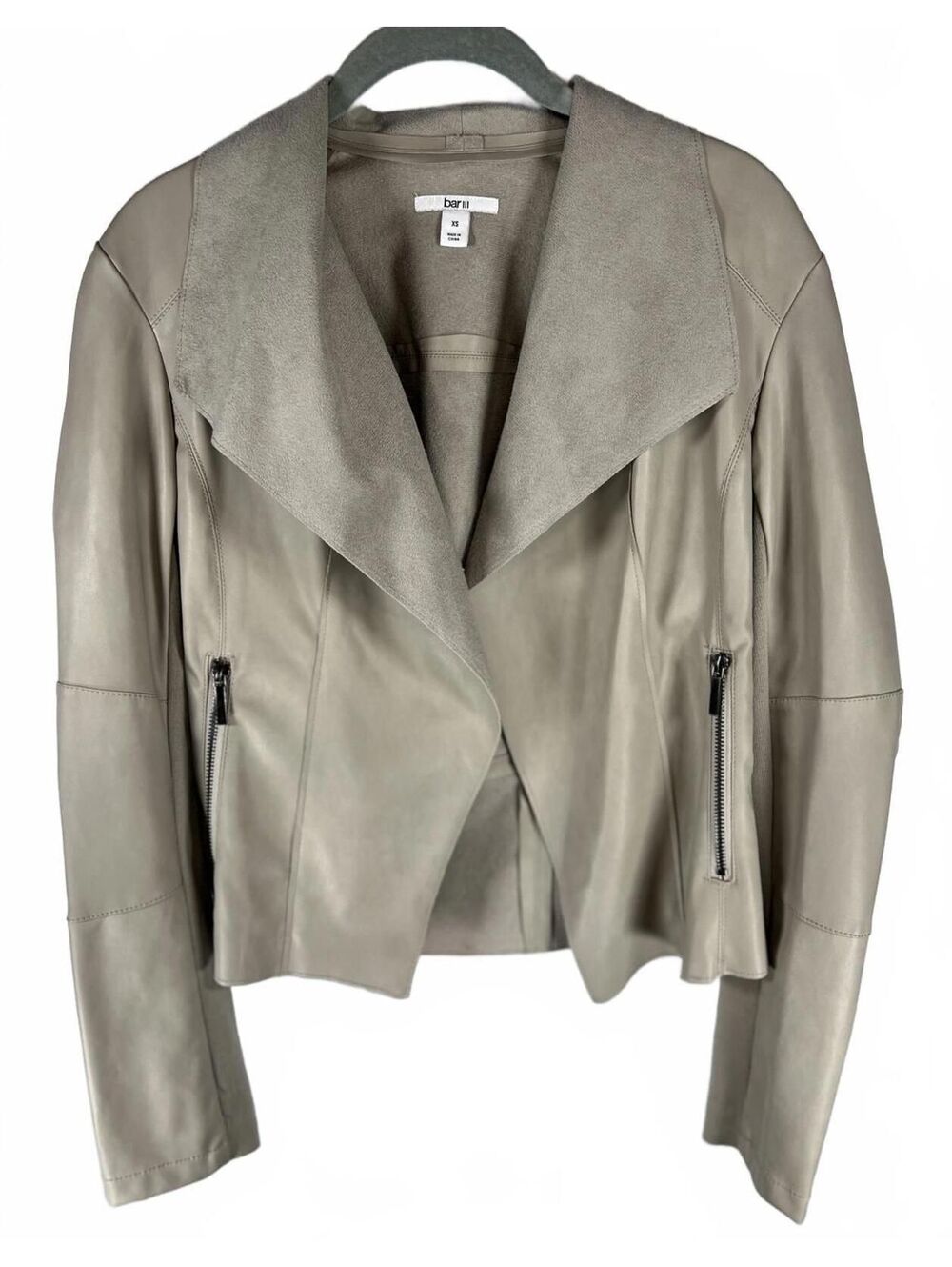 Bar III Womens Taupe Faux Leather Drape Front Open Moto Jacket Coat Size XS